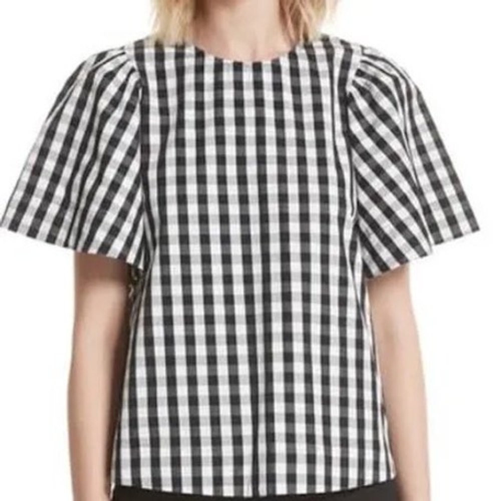 Kate Spade New York Black White Gingham Puff Sleeve Cotton Blouse Top Large